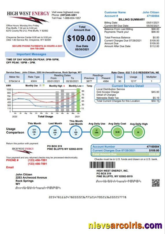 USA Wyoming High West Energy utility bill, version 2